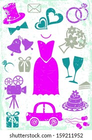 Set of vector colored silhouette icons for wedding cards and invitations