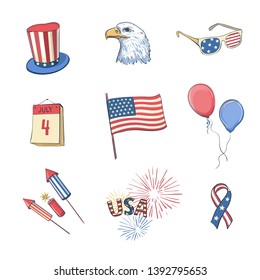 Set of vector colored sketches on July 4th. Symbols of the Independence Day of America on a white background
