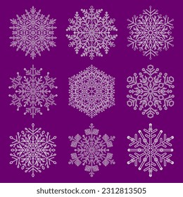 Conjunto de copos de nieve de color vectorial. Colección de adornos de invierno. Colección de copos de nieve. Copos de nieve para fondos y diseños