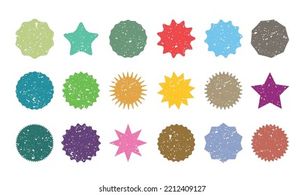 Set of Vector Colored Starburst Grunge Badges. Simple Flat Style Vintage Labels, Stickers.