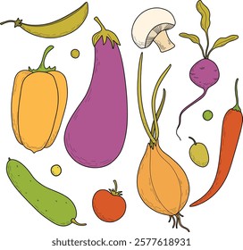 Set of vector colored vegetables, menu design, vegetarians, nutritionists. Onions, eggplants, tomatoes, peas, beans, carrots, potatoes, radishes, peppers, champignons, broccoli, beans. Hand drawing