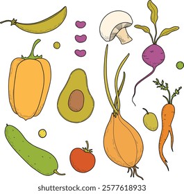 Set of vector colored vegetables, menu design, vegetarians, nutritionists. Onions, eggplants, tomatoes, peas, beans, carrots, potatoes, radishes, peppers, champignons, broccoli, beans. Hand drawing
