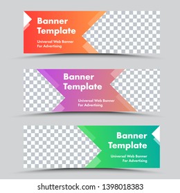 Set of vector colored web banners with arrow shapes and place for photo. Standard size templates with text.