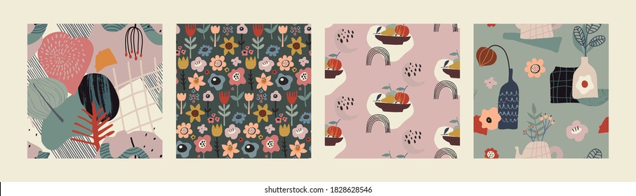 Set of vector colorful abstract natural seamless patterns with flowers, fall leaves and fruits, pear and apple. Autumn collection.