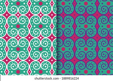 Set of vector colorful abstract seamless pattern with swirl shapes. green, pink, purple and white color background. Decorative template design use circle and dot shape.