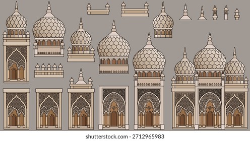 Satz von Vektorgrafik bunten arabischen Architektur Elemente wie Kuppeln, Türme, Bögen, Wände für orientalische Stadtbau Design. Handgezeichnet, nicht KI