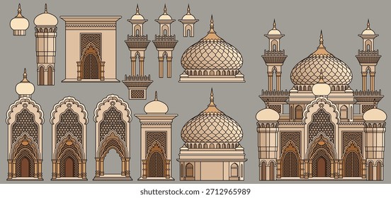 Set of vector colorful Arabian architecture elements as domes, towers, arches, walls for oriental city building design. Hand drawn, not AI