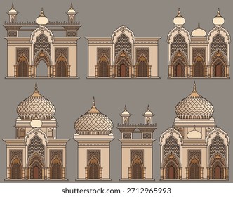 Set of vector colorful Arabian architecture elements as domes, towers, arches, walls for oriental city building design. Hand drawn, not AI
