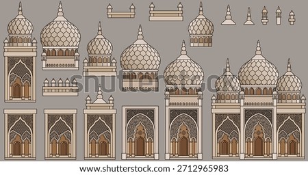 Set of vector colorful Arabian architecture elements as domes, towers, arches, walls for oriental city building design. Hand drawn, not AI