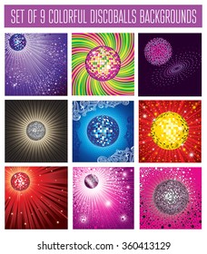 Set of vector colorful backgrounds with discoballs
