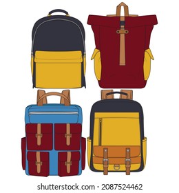 Conjunto De Mochilas Coloridas Vectoras. Conjunto de mochilas para escolares, estudiantes, viajeros y turistas. Volver a la escuela mochila ilustraciones de vectores planos aisladas en blanco.
