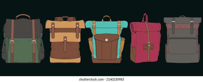 Conjunto de mochilas de color vectorial. Mochilas para escolares, estudiantes, viajeros y turistas. Volver a la escuela mochila ilustraciones de vectores planos aisladas en blanco.

