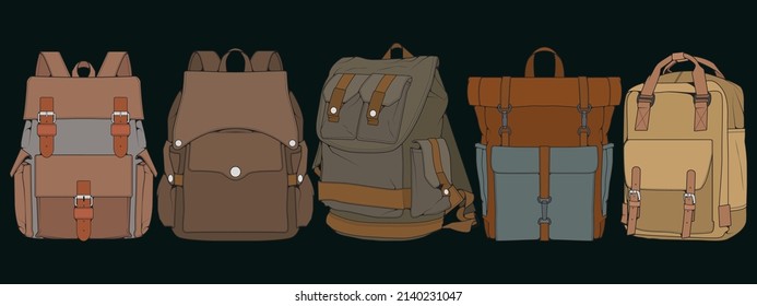 Set von Vektorbunten Rucksäcken. Rucksäcke für Schüler, Studenten, Reisende und Touristen. Zurück zur Schule Rucksack flache Vektorgrafiken einzeln auf Weiß.
