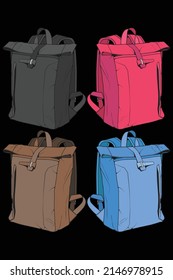 Set of vector Colorful Backpacks. Backpacks for schoolchildren, students, travellers and tourists. Back to School rucksack flat vector illustrations isolated on white.
