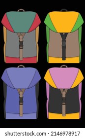 Set of vector Colorful Backpacks. Backpacks for schoolchildren, students, travellers and tourists. Back to School rucksack flat vector illustrations isolated on white.
