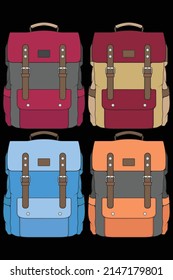 Set of vector Colorful Backpacks. Backpacks for schoolchildren, students, travellers and tourists. Back to School rucksack flat vector illustrations isolated on white.
