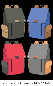 Set of vector Colorful Backpacks. Backpacks for schoolchildren, students, travellers and tourists. Back to School rucksack flat vector illustrations isolated on white.
