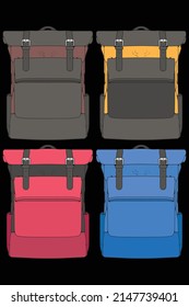 Set of vector Colorful Backpacks. Backpacks for schoolchildren, students, travellers and tourists. Back to School rucksack flat vector illustrations isolated on white.
