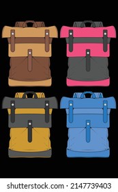 Conjunto de mochilas de colores vectoriales. Mochilas para escolares, estudiantes, viajeros y turistas. Volver a la escuela mochila ilustraciones de vectores planos aisladas en blanco.
