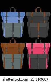 Conjunto de mochilas de colores vectoriales. Mochilas para escolares, estudiantes, viajeros y turistas. Volver a la escuela mochila ilustraciones de vectores planos aisladas en blanco.
