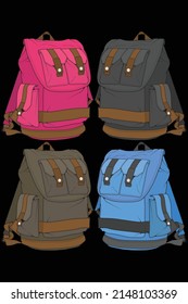 Set of vector Colorful Backpacks. Backpacks for schoolchildren, students, travellers and tourists. Back to School rucksack flat vector illustrations isolated on white.
