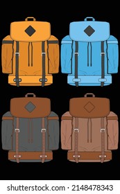 Set of vector Colorful Backpacks. Backpacks for schoolchildren, students, travellers and tourists. Back to School rucksack flat vector illustrations isolated on white.
