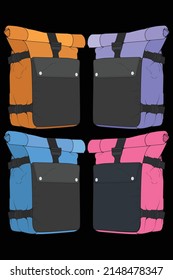 Conjunto de mochilas de colores vectoriales. Mochilas para escolares, estudiantes, viajeros y turistas. Volver a la escuela mochila ilustraciones de vectores planos aisladas en blanco.
