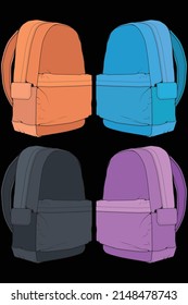 Set of vector Colorful Backpacks. Backpacks for schoolchildren, students, travellers and tourists. Back to School rucksack flat vector illustrations isolated on white.
