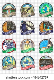 Set of vector colorful badges and labels. Science and school disciplines.
