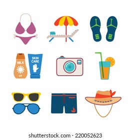 Set of vector colorful beach vacations icons like bikini lounger tent slippers photo camera cocktail sunglasses hat and melting in flat style