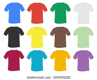 set of vector colorful blank t-shirt mockup with a round collar in a different style. isolated on white background. classic t-shirt design template