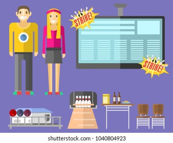 Set of vector colorful bowling icons sport strike pin symbol ball skittle game equipment illustration.