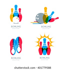 Set of vector colorful bowling logo, icons and symbol. Bowling ball, bowling pins and shoes illustration. Trendy design elements, isolated on white background.  - Shutterstock ID 401779588