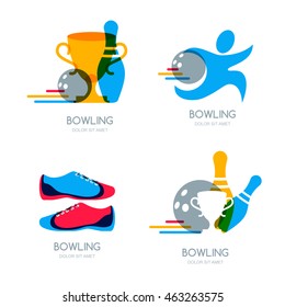Set of vector colorful bowling logo, icons and symbol. Bowling ball, bowling pins and shoes illustration.