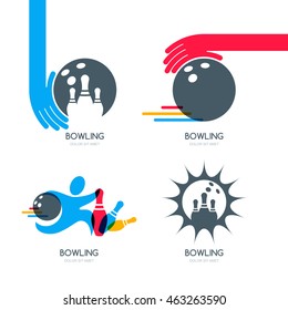 Set of vector colorful bowling logo, icons and symbol. Bowling ball, bowling pins and shoes illustration. 