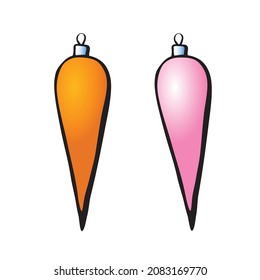 Set of vector colorful bright long hanging toys for xmas tree, flat style. Clipart for Merry Christmas and New Year