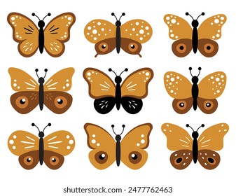 Set of vector colorful butterflies. Collection of butterflies.Set of brown butterflies isolated on white background, collection of silhouettes. Butterfly flying shape,vector design.Abstract modern art