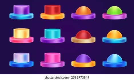 Set of vector colorful buttons. 3d design. Elements for game design. Start. Play. Go. Vector illustration. Icon set.