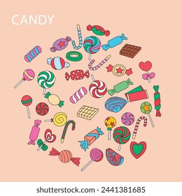 Set vector colorful candy and gum, pastel