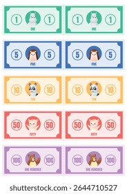 Conjunto de notas coloridas de desenhos animados vetoriais com animais bonitos e números, hipopótamo, ouriço, panda, gato e urso. Diversão finge jogar dinheiro para crianças, perfeito para jogos, matemática e atividades de aprendizagem.