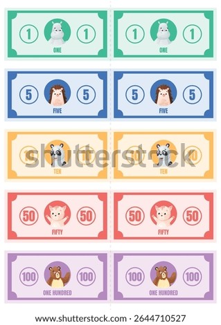 Set of vector colorful cartoon banknotes with cute animals and numbers, hippo, hedgehog, panda, cat, and bear. Fun pretend play money for kids, perfect for games, math, and learning activities.