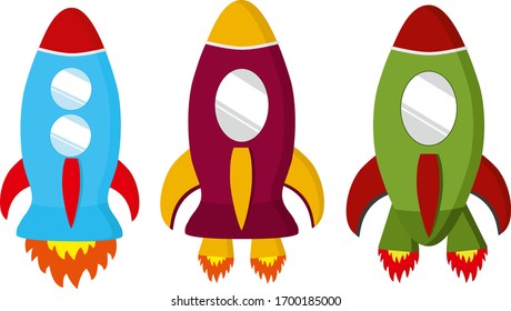 Set of vector colorful cartoons rockets isolated on white background. Astronomy and space, cosmic theme
