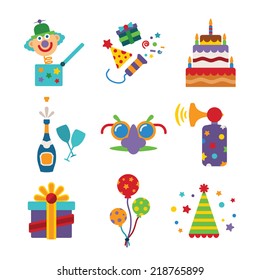 Set of vector colorful celebration icons in flat style like pie champagne wineglass gift box air balloon funny mask cap and jack in the box