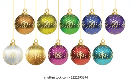 Set of vector Colorful christmas balls with ornaments. collection isolated realistic decorations. Vector illustration on white background.