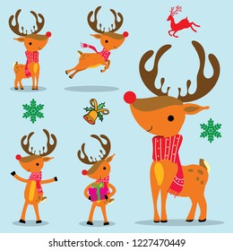 A set of vector colorful christmas rain deer illustrations.