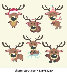A set of vector colorful christmas rain deer illustrations. Cartoony pictures.