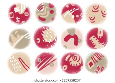 Set of vector colorful circle abstract compositions. Modern landscape background for labels, stickers, prints, cards, posters, banners. White isolated background. Trendy colors. 