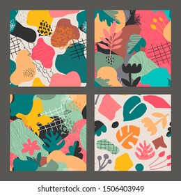 Set of vector colorful collage contemporary natural seamless patterns. Modern abstract shapes, hand drawn textures, cut out paper and plants.