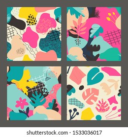 Set of vector colorful collage contemporary natural seamless patterns. Modern abstract shapes, hand drawn textures, cut out paper and plants.