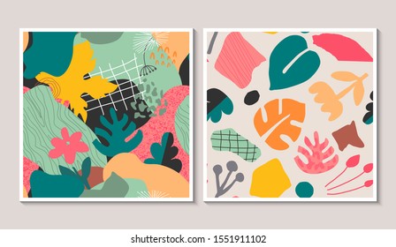 Set of vector colorful collage contemporary natural seamless patterns. Modern abstract shapes, hand drawn textures, cut out paper and plants.